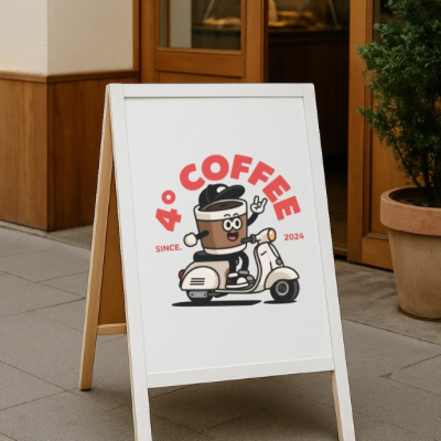 森白視覺logo設計作品，為4℃offee所設計的美式卡通logo，咖啡杯形象人物騎著機車，活潑形象